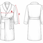 Schéma des mesures d’un peignoir à col châle personnalisable avec longueur totale A, poitrine B et manche C